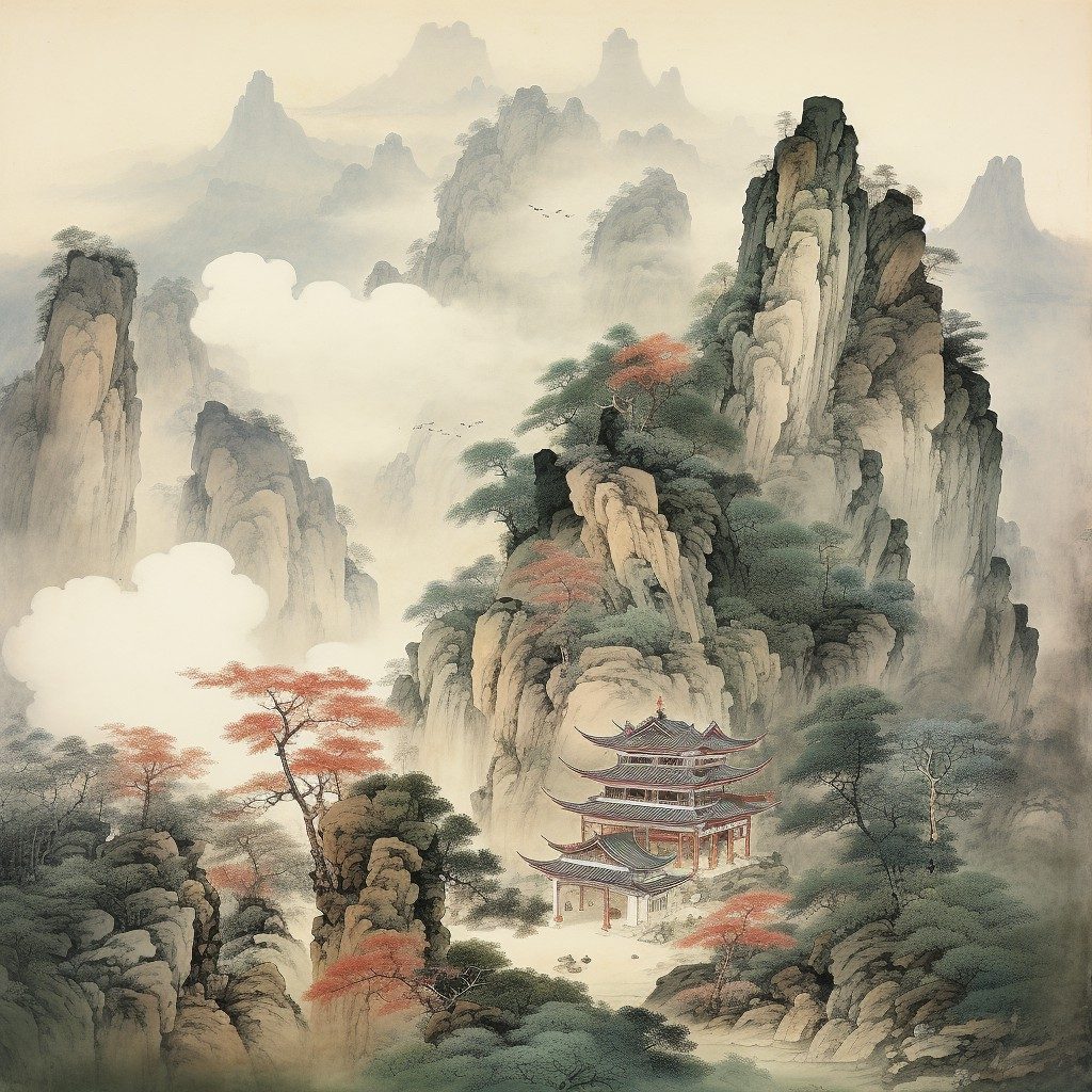 midjourney模仿的元朝画家黄公望的作品《富春山居图》，其实跟《富春山居图》完全不搭边