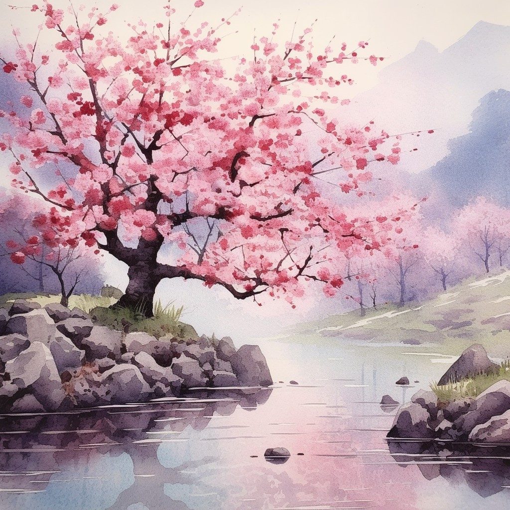 水彩画《樱花》 – 大盆图社