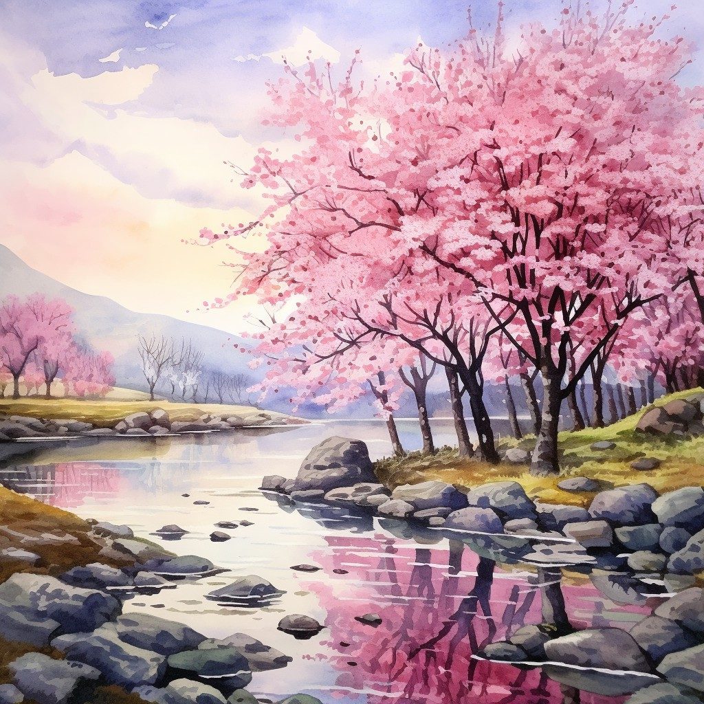 水彩画《樱花》 – 大盆图社